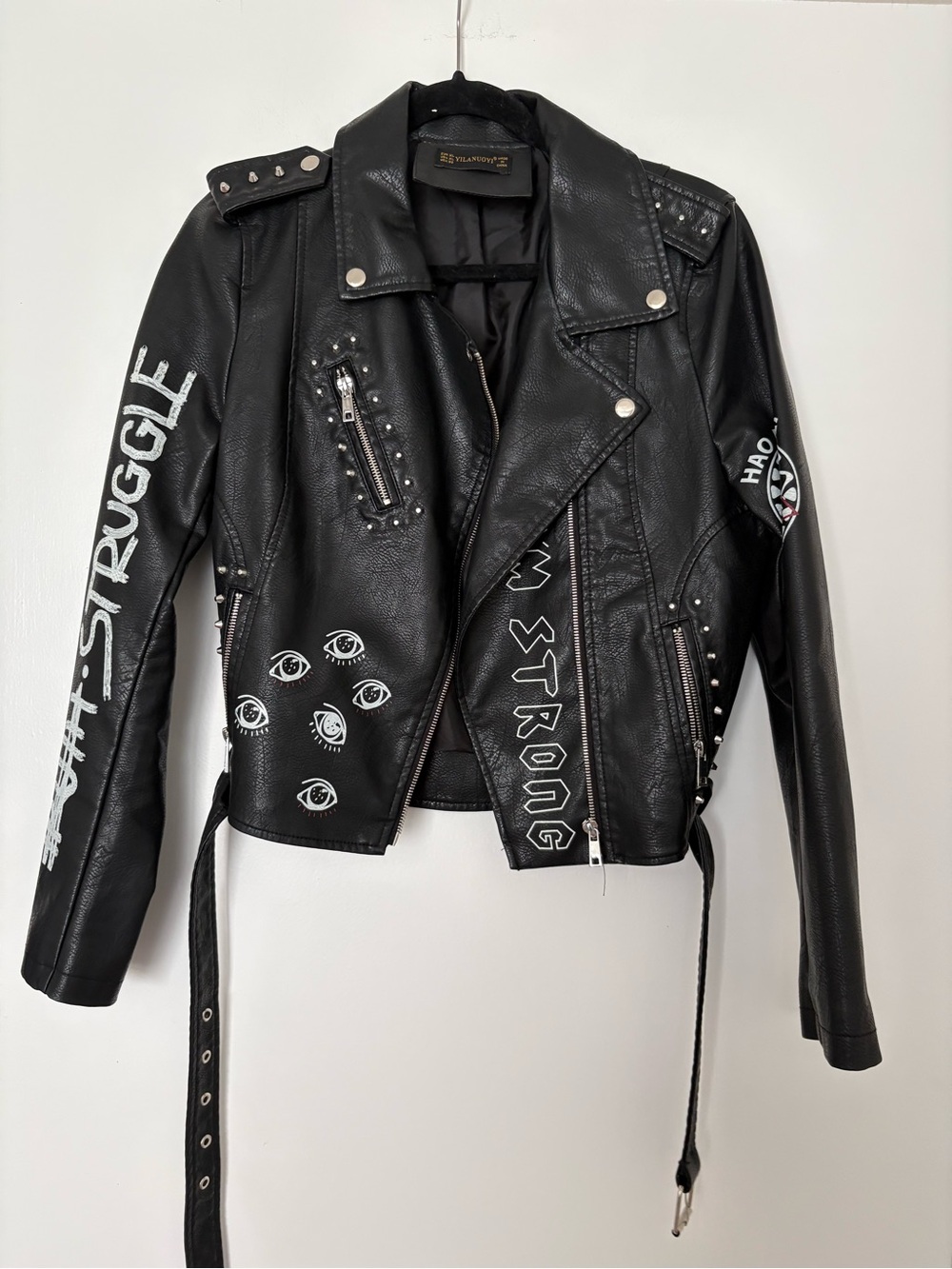 Black Studded Faux Leather Biker Jacket with Graphic Details